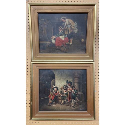 574 - P VINTON OILS ON CANVAS 17TH CENTURY STYLE DUTCH TAVERN INTERIOR SCENES A PAIR FRAMED 28CM X 25CM AP... 