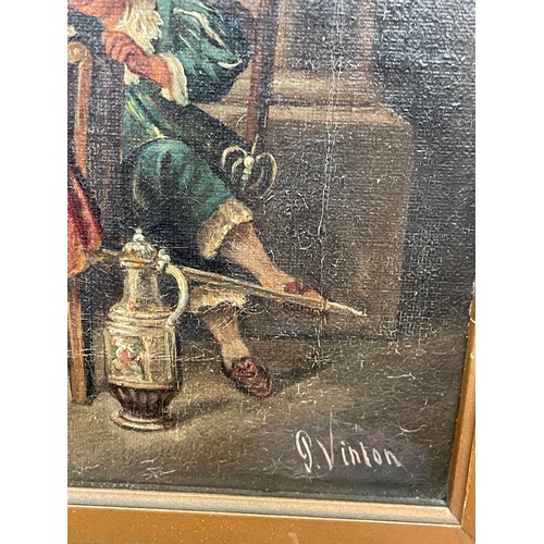 574 - P VINTON OILS ON CANVAS 17TH CENTURY STYLE DUTCH TAVERN INTERIOR SCENES A PAIR FRAMED 28CM X 25CM AP... 