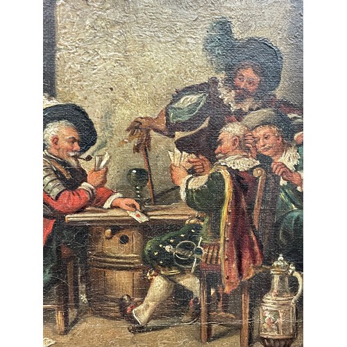 574 - P VINTON OILS ON CANVAS 17TH CENTURY STYLE DUTCH TAVERN INTERIOR SCENES A PAIR FRAMED 28CM X 25CM AP... 