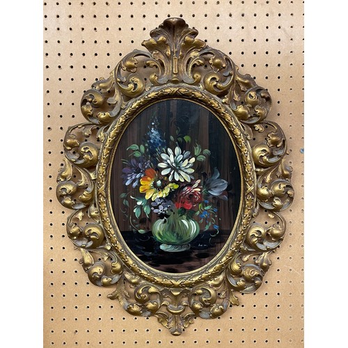 572 - 20TH CENTURY DUTCH SCHOOL OVAL OILS ON PANEL STILL LIFE VASE OF FLOWERS IN ORNATE GILT METAL ACANTHU... 