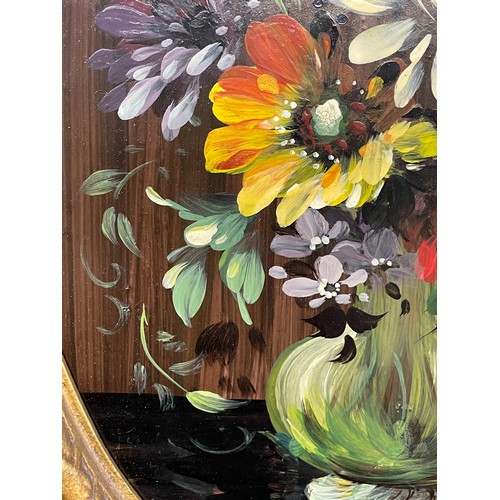 572 - 20TH CENTURY DUTCH SCHOOL OVAL OILS ON PANEL STILL LIFE VASE OF FLOWERS IN ORNATE GILT METAL ACANTHU... 