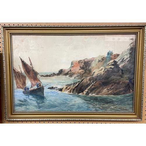 573 - 19TH CENTURY ENGLISH SCHOOL MONOGRAMMED AHS WATERCOLOUR OF A BOAT NEAR ROCKY HEADLAND DATED 1886 FRA... 