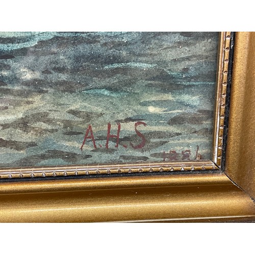 573 - 19TH CENTURY ENGLISH SCHOOL MONOGRAMMED AHS WATERCOLOUR OF A BOAT NEAR ROCKY HEADLAND DATED 1886 FRA... 