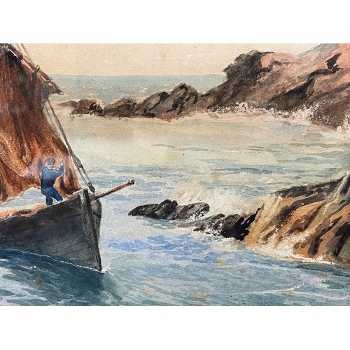 573 - 19TH CENTURY ENGLISH SCHOOL MONOGRAMMED AHS WATERCOLOUR OF A BOAT NEAR ROCKY HEADLAND DATED 1886 FRA... 