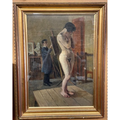 576 - J. RYMER OILS ON CANVAS THE ARTISTS STUDIO MODEL FRAMED AND GLAZED 40CM X 57CM APPROX