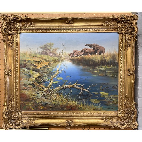 579 - JOHN SEEREY LESTER (1946-2020) AMERICAN OILS ON CANVAS ELEPHANTS AT WATER IN FINE GILT SWEPT FRAME 7... 