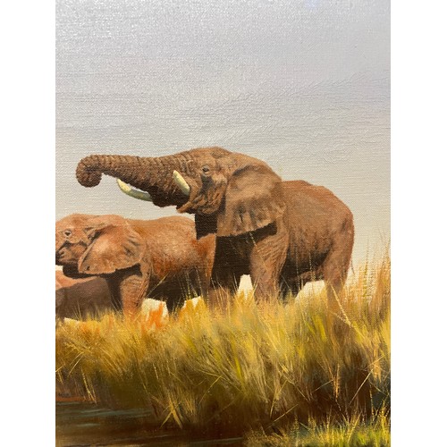 579 - JOHN SEEREY LESTER (1946-2020) AMERICAN OILS ON CANVAS ELEPHANTS AT WATER IN FINE GILT SWEPT FRAME 7... 