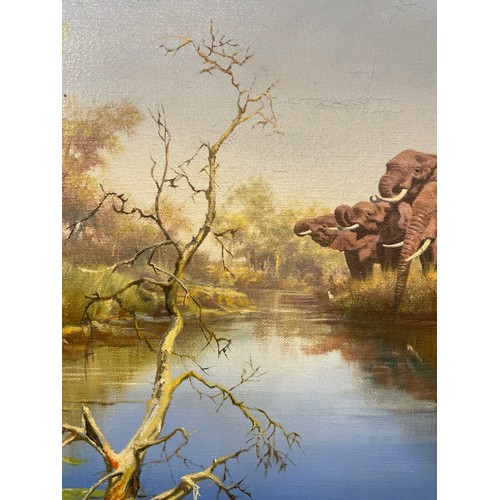 579 - JOHN SEEREY LESTER (1946-2020) AMERICAN OILS ON CANVAS ELEPHANTS AT WATER IN FINE GILT SWEPT FRAME 7... 