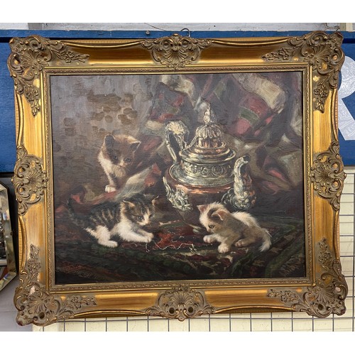 580 - JOHANNES WOUTERUS VAN TRIRUM (1924-2011) OILS ON CANVAS KITTENS AT PLAY 60CM X 50CM APPROX IN MOULDE... 