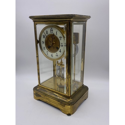 544 - LAQUERED BRASS FOUR PANE CLOCK WITH DOUBLE MERCURY PENDULUM AND KEY BY BARRAUD AND LUNDS LONDON 4901