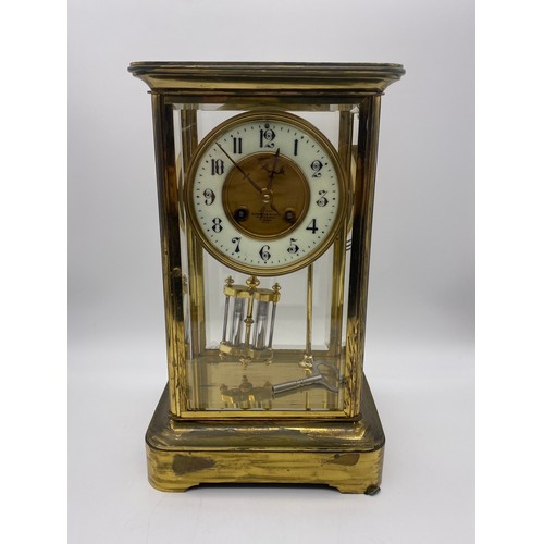 544 - LAQUERED BRASS FOUR PANE CLOCK WITH DOUBLE MERCURY PENDULUM AND KEY BY BARRAUD AND LUNDS LONDON 4901