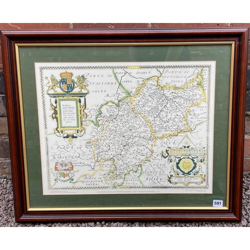 591 - FACSIMILE ANTIQUARIAN MAP OF SAXTONS WARWICKSHIRE & LEICESTERSHIRE FRAMED AND GLAZED