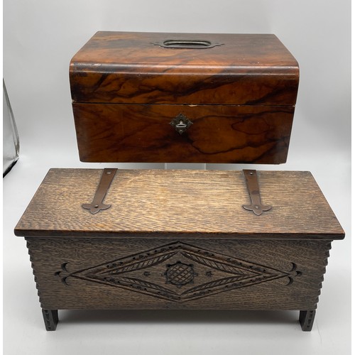 595 - VICTORIAN WALNUT WORK BOX AND AN OAK BOX IN THE FORM OF A COFFER