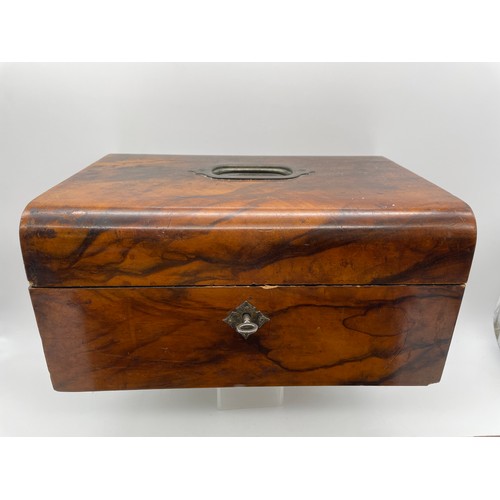 595 - VICTORIAN WALNUT WORK BOX AND AN OAK BOX IN THE FORM OF A COFFER