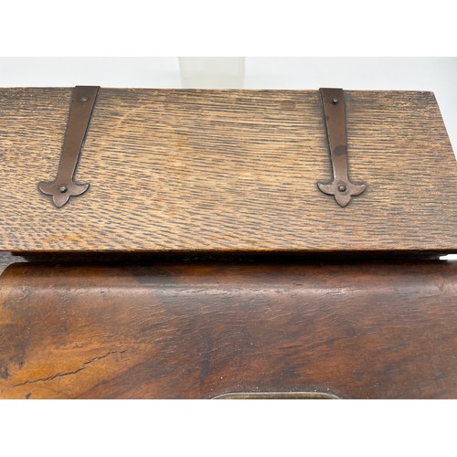 595 - VICTORIAN WALNUT WORK BOX AND AN OAK BOX IN THE FORM OF A COFFER