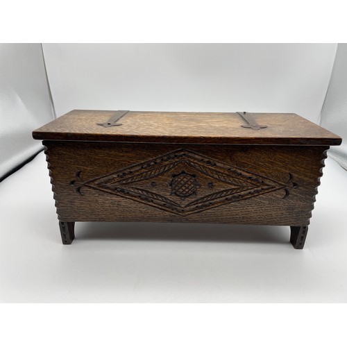 595 - VICTORIAN WALNUT WORK BOX AND AN OAK BOX IN THE FORM OF A COFFER