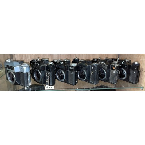 611 - SHELF OF ZENIT 35M CAMERRA BODIES NO LENSES