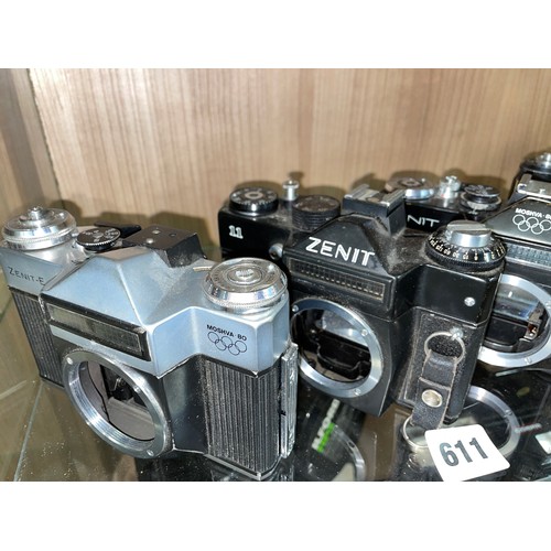 611 - SHELF OF ZENIT 35M CAMERRA BODIES NO LENSES