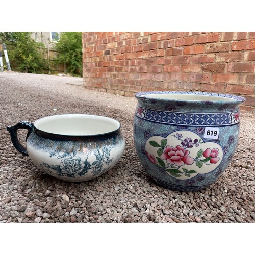 619 - VICTORIAN TRANSFER PRINTED CHAMBER POT AND A VICTORIAN JARDINERE