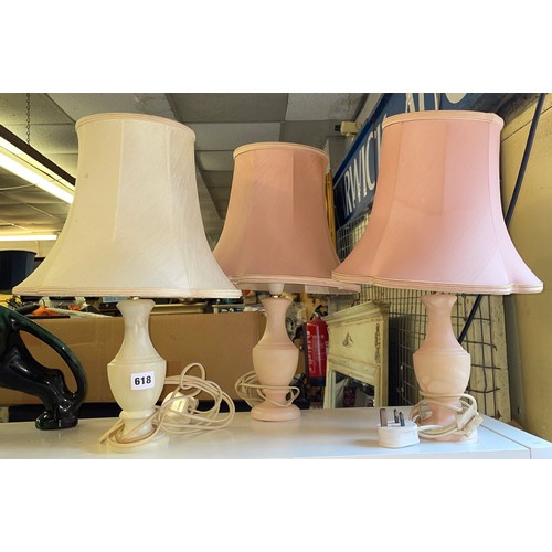 618 - PAIR OF PINK ALABSTER LAMPS AND ONE OTHER