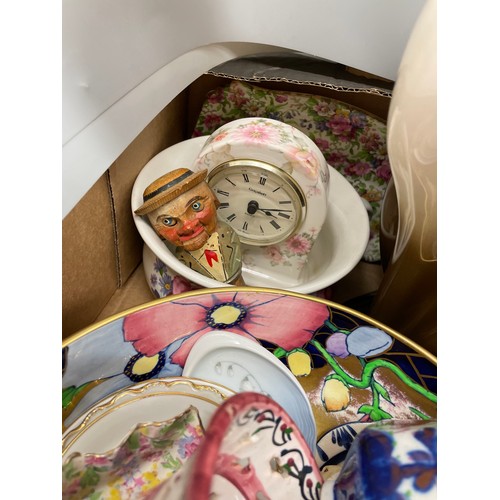 613 - SMALL CARTON INCLUDING POTTERY CAT FIGURE, FLORAL LUSTRE BOWL AND PIN DISHES