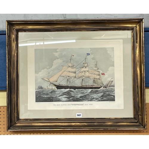 587 - TINTED ENGRAVING THE IRON CLIPPER SHIP CORN WALLIS 1214 TONS ENGRAVED BY E DUNCAN FRAMED AND GLAZED ... 