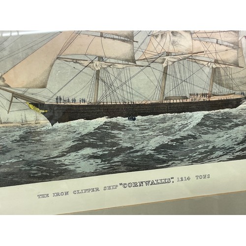 587 - TINTED ENGRAVING THE IRON CLIPPER SHIP CORN WALLIS 1214 TONS ENGRAVED BY E DUNCAN FRAMED AND GLAZED ... 