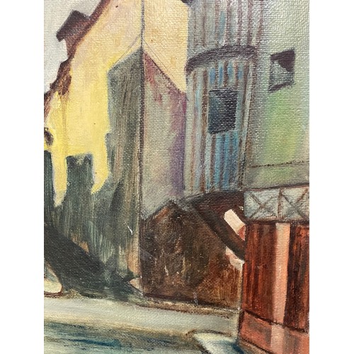 585 - 20TH CENTURY FRENCH SCHOOL E. YMAL OILS ON BOARD FRENCH STREET SCENE BEARS LABEL VERSO CIRCA 1965 37... 