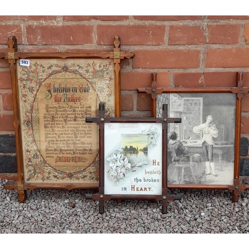 593 - THREE 19TH CENTURY OXFORD GLAZED FRAMED CONTAINING RELIGIOUS TEXT AND ENGRAVING