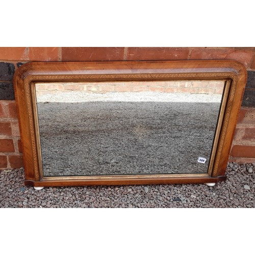 589 - VICTORIAN WALNUT AND TUNBRIDGE BANDED ARCHED OVER MANTLE MIRROR