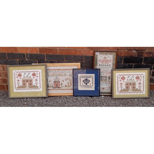 582 - FIVE CONTEMPORARY NEEDLE WORK SAMPLERS FRAMED AND GLAZED