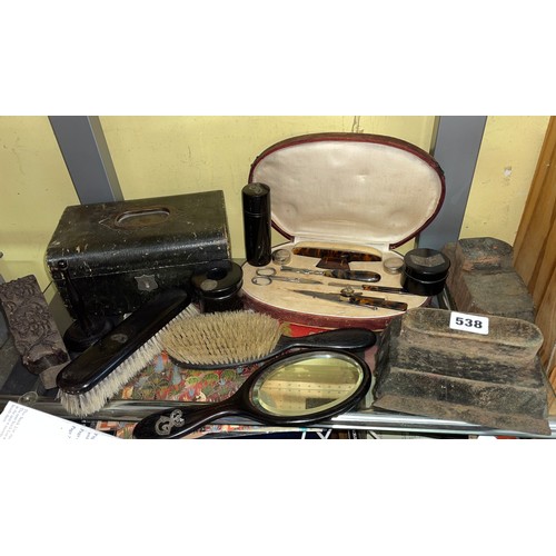 538 - EBONISED DRESSING TABLE SET WITH WHITE METAL MOUNTS, 19TH CENTURY MOROCCAN CASKET, AND A MOULD, PART... 