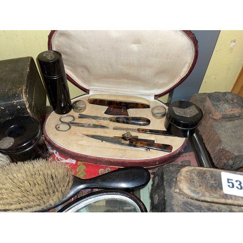 538 - EBONISED DRESSING TABLE SET WITH WHITE METAL MOUNTS, 19TH CENTURY MOROCCAN CASKET, AND A MOULD, PART... 