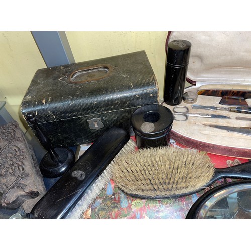 538 - EBONISED DRESSING TABLE SET WITH WHITE METAL MOUNTS, 19TH CENTURY MOROCCAN CASKET, AND A MOULD, PART... 