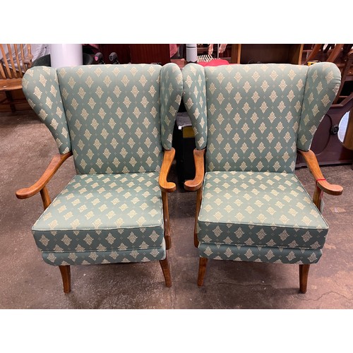 44 - PAIR OF MINT GREEN BROCADE RECOVERED WING ARMCHAIRS