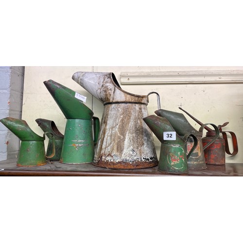 32 - VINTAGE GREEN ENAMEL CASTROL GRADUATED OIL DISPENSERS AND OIL GUN