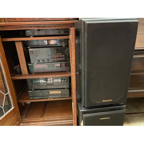 55 - OLD CHARM LEADED GLAZED CABINET CONTAINING TECHNICS SEPERATES HIFI AND SPEAKERS