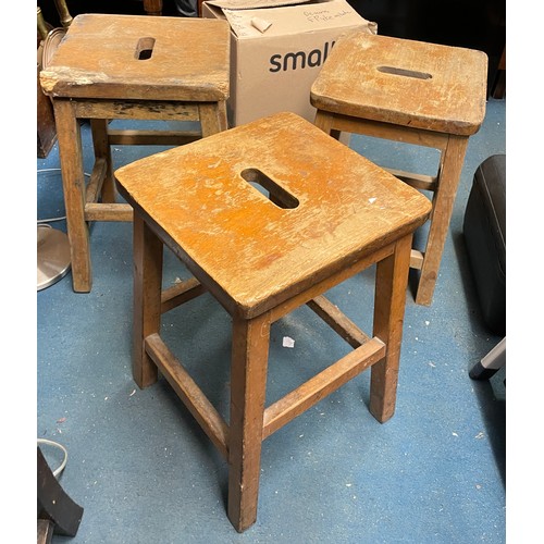 61 - THREE VINTAGE BEECH STOOLS