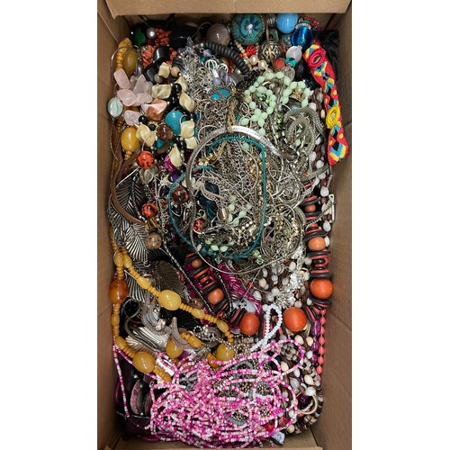 696 - LARGE BOX OF VARIOUS BEAD NECKLACES, PLATED CHAINS