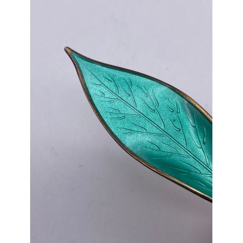 711 - NORWEGIAN SILVER AND GREEN GUILLOCHE ENAMEL LEAF BROOCH BY DAVID ANDERSEN