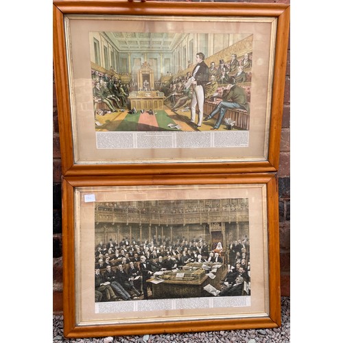 782 - TWO POLITICAL LITHOGRAPHIC PRINTS OF PARLIAMENT IN GLAZED MAPLE FRAMES