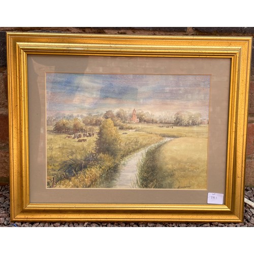 781 - J KIRKWOOD WATER COLOUR OF PASTORAL LANDSCAPE FRAMED AND GLAZED