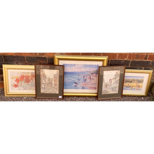 800 - PAIR OF LITHOGRAPHIC PRINTS OF YORK STREET SCENES PLUS THREE OTHER FRAMED AND GLAZED PRINTS