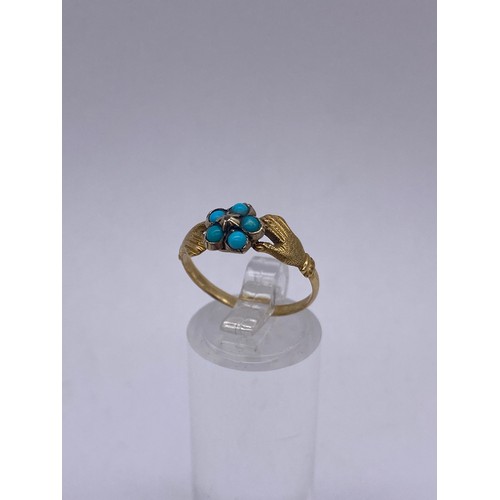 723 - VICTORIAN UNMARKED YELLOW METAL AND TURQUOISE “FORGET ME NOT” RING SIZE Q  2G APPROX