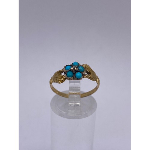 723 - VICTORIAN UNMARKED YELLOW METAL AND TURQUOISE “FORGET ME NOT” RING SIZE Q  2G APPROX