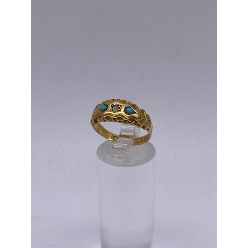 721 - 18CT YELLOW GOLD DIAMOND CHIP AND TURQUOISE CABOCHON RING SIZE N 3G APPROX