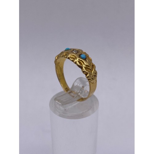 721 - 18CT YELLOW GOLD DIAMOND CHIP AND TURQUOISE CABOCHON RING SIZE N 3G APPROX