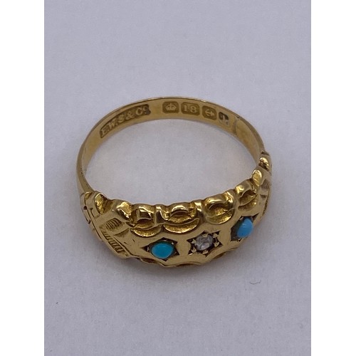 721 - 18CT YELLOW GOLD DIAMOND CHIP AND TURQUOISE CABOCHON RING SIZE N 3G APPROX