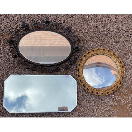 786 - BEVELLED FRAMELESS MIRROR, WROUGHT IRON FRAMED MIRROR AND CIRCULAR GILT MIRROR