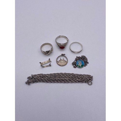 724 - SILVER KNOTTED DRESS RING, GREEK KEY PATTERN RING, TWO SILVER CHAINS, AND ENAMEL ST CHRISTOPHER PEND... 